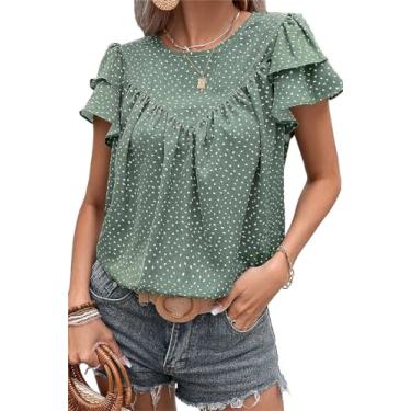 Imagem de Yueary Camiseta feminina rodada de verão, bolinhas, gola redonda, manga curta, plissada, casual, chiffon, Verde, G