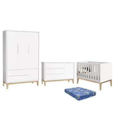 Imagem de Dormitório Infantil Classic 3 Portas, Cômoda 1 Porta, Berço com Pés Madeira Natural e Colchão - Reller Móveis Branco Fosco