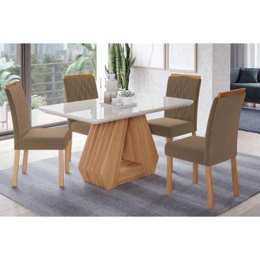 Imagem de Sala De Jantar Completa ágata Tampo Madeirado C- Vidro 130x80cm E 4 Cadeiras Juliana Madeirado-suede Joli Capuccino - Cimol