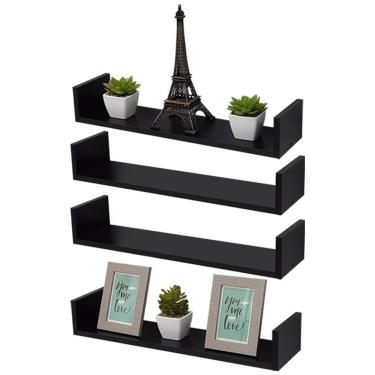 Imagem de Kit 3 Prateleiras Nichos Em U 70x20 Mdf Preto Com Suporte Flutuante Invisível