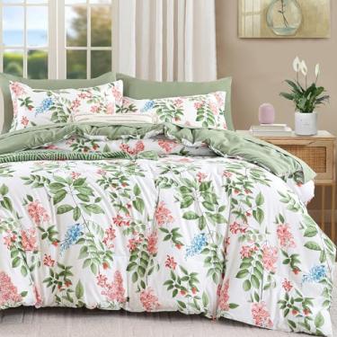 Imagem de Conjunto de cama de casal floral, verde, 7 peças, conjunto de edredom botânico com fronhas, microfibra macia para todas as estações