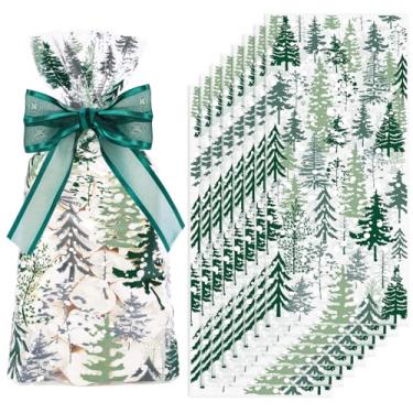 Imagem de Whaline 50 unidades de sacos de celofane de Natal com fita torcida verde árvore de Natal saco de presente de plástico para celofane sacos de presente para festa de inverno suprimentos de lembrancinha
