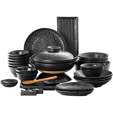 Imagem de Conjunto de jantar de cerâmica com 66 peças de forno de areia roxa que muda de esmalte | Prato de bife de porcelana, tigela de cereal e tigela de sopa