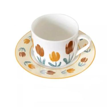 Imagem de URGDWEKJY Xícara de café retrô tulipa conjunto de xícara de café e pires copo de cereais copo de água para casa caneca de cerâmica xícara de chá da tarde xícaras de chá
