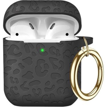 Imagem de Gawnock Capa compatível com AirPods com estampa de leopardo, compatível com AirPods 2ª/1ª capa de carregamento, linda proteção total de silicone macio, LED frontal visível, preta
