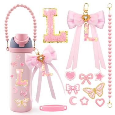 Imagem de LBU 12 peças de acessórios de letras para garrafa de água Owala 24/32/1,134 g com adesivo inicial fofo, chaveiro de letra do alfabeto de laço, alça de alça peral, decorações para copo Owala Freesip