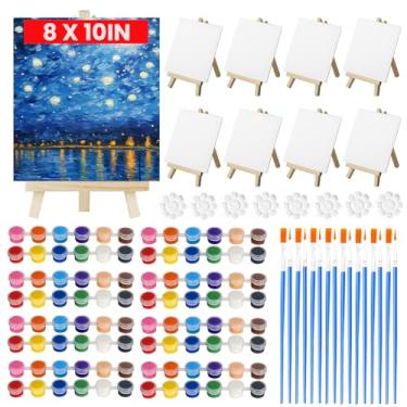 Imagem de Pacote com 8, conjunto de lona e cavalete de 20 x 25 cm, telas de arte a granel com suporte de cavalete, mini conjunto de tintas acrílicas de 12 cores, pincéis pequenos, bandejas de tinta, kit de