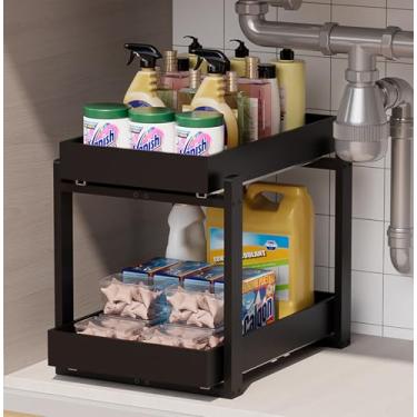 Imagem de LONTAI Organizador de madeira de bambu embaixo da pia 1 pacote, organizador de armário de 2 camadas, organizadores e armazenamento sob a pia com gaveta deslizante, resistente e fácil de montar para