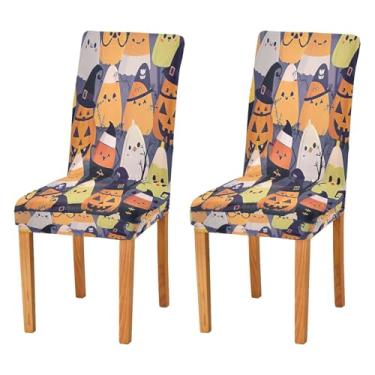 Imagem de Qilmy Conjunto de 2 capas de cadeira de jantar elásticas fofas de Halloween Boo, laváveis e removíveis, para sala de jantar, cozinha, hotel, banquete, festa, protetores de cadeira