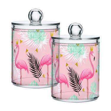 Imagem de Qilmy Suporte Flamingos Qtip pacote com 2, frascos de boticário de 400 ml, vasilha organizadora de banheiro para cotonetes, bolas de algodão, almofadas de maquiagem, fio dental, sais de banho