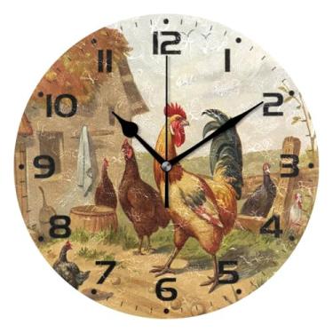 Imagem de JUZIHAI Relógio de parede de galo de fazenda, silencioso, sem tique-taque, relógios de parede redondos operados por bateria, fácil de ler, relógio decorativo de parede para casa, cozinha, sala de