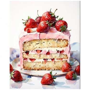 Imagem de Kit de tinta de sobremesa por números para adultos – Bolo de camada de morango DIY com pintura de cobertura rosa em tela, conjunto de tinta acrílica, adequado para iniciantes, arte para decoração de