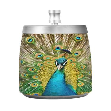 Imagem de JUZIHAI Lindo cinzeiro de pavão com tampa, bandeja de cinzeiro de aço inoxidável inodoro à prova de vento cinzeiro sem fumaça para escritório em casa, pátio, varanda, cigarro