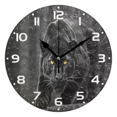 Imagem de JUZIHAI Cool Panther Relógio de parede preto leopardo silencioso sem tique-taque relógios de parede redondos operados por bateria relógio fácil de ler relógio decorativo de parede para casa cozinha