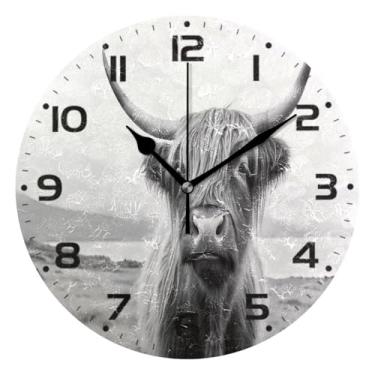 Imagem de JUZIHAI Relógio de parede Highland Cow, silencioso, redondo, sem tique-taque, operado por bateria, fácil de ler, relógio decorativo de parede para casa, cozinha, sala de estar, quarto, escritório, 25