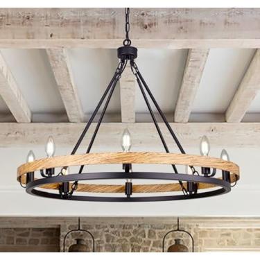 Imagem de Wellmet Lustre rústico, lustre pintado de madeira, lustre de roda de vagão de fazenda de 8 luzes para sala de estar, sala de jantar, quarto, corredor, corredor, entrada