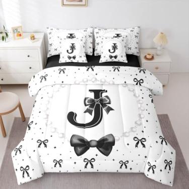 Imagem de Erosebridal Jogo de cama casal com laço coquete preto, 7 peças, letra J, lençol com elástico, lençol de cima e lençol com elástico para meninas e crianças, preto e branco
