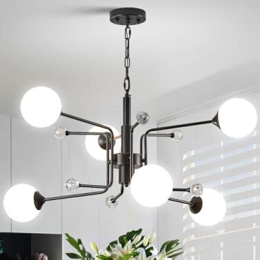 Imagem de AIRYPHANT Lustre de Globos de Vidro para Sala de Jantar Lustre Sputnik Preto 6 Luzes com Globos de Vidro Branco Leitoso Sala de Estar Quarto Luminária de Teto