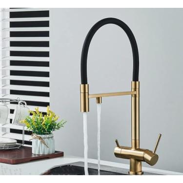 Imagem de Ouro escovado torneira do filtro de água da cozinha bico duplo puro misturador de água potável rotação purificação de água, ouro escovado a