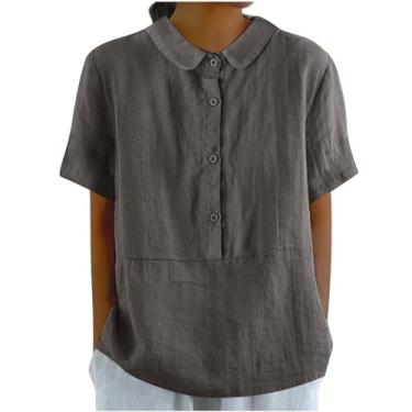 Imagem de Camisas de linho para mulheres casuais verão manga curta abotoadas gola redonda túnica lisa básica, Cinza, G