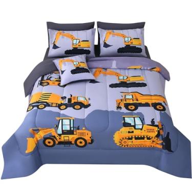 Imagem de JQinHome Jogo de cama casal de construção para meninos e crianças, 8 peças, desenho 3D, carro, escavadeira, trator, conjunto de lençol com lençol e caminhões
