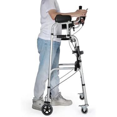 Imagem de Andadores rolantes verticais para idosos com assento de 4 rodas Andador rolante dobrável para serviço pesado com freios de braços Auxiliar de caminhada para deficientes para dentro e fora (c