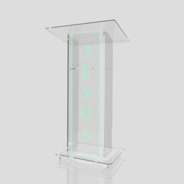 Imagem de Púlpito em Acrílico para Igreja e/ou Eventos com Gravação e Led grátis Mod. Lucas, Transparente (Tradicional, Moderna ou Sem Gravação) Cores em Led (Grav. "Jesus" Tradicional, LED VERDE)