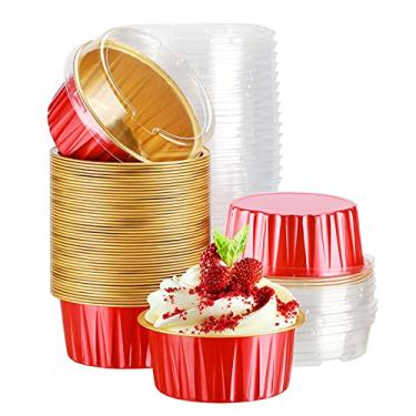 Imagem de Copos de cupcake com tampas, EUSOAR 50 peças forros de muffins de 142 g, copos descartáveis de alumínio para assar cupcake, ramekins, recipientes para sobremesa, formas de suporte de cupcake de alumínio com tampas vermelho + dourado