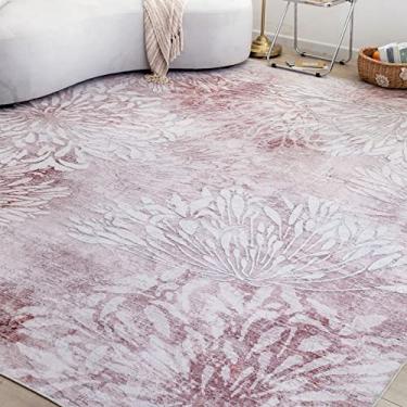 Imagem de DECOMALL Tapetes de área laváveis Jasmine 8x10 pés, tapete antiderrapante floral moderno, tapete grande macio e fino para sala de estar quarto, 2,4x3 m rosa / branco
