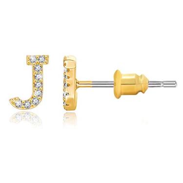 Imagem de Brincos com inicial folheados a ouro 14 K zircônia cúbica brincos de letras pequenas personalizados brincos de pino CZ pequeno para mulheres e meninas Dourado
