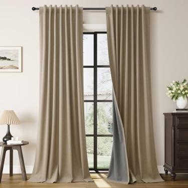 Imagem de Cortinas blackout de linho cáqui para sala de estar, 203 cm de comprimento, conjunto com 2 painéis, linho, natural, isolamento térmico, preto, aba traseira, gancho, cinto, quarto, pátio, porta,