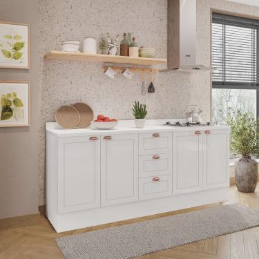 Imagem de Cozinha Pérola com Rodapé e Tampo 2 Peças Balcão 2 Gavetas 3 Portas e Balcão 2 Portas Yescasa