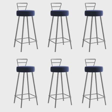 Imagem de Kit 06 Banqueta Alta Com Encosto Tina Eiffel Cozinha Bar Bistrô Ferro Cinza Sintético Azul Marinho - Ahz Móveis