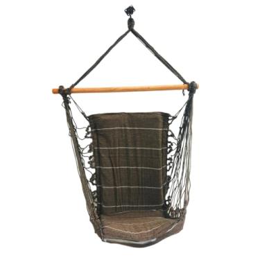 Imagem de Cadeira Suspensa de Rede com Suporte em Madeira, Estilo Macramê, Marrom Listrado, para Interior e Exterior
