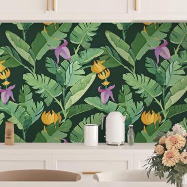 Imagem de Mangoloo Papel de parede de folha verde palmeira tropical, descasque e cole folhas de bananeira verde-escuro, papel de parede floral, papel de parede adesivo removível para armários e prateleiras de