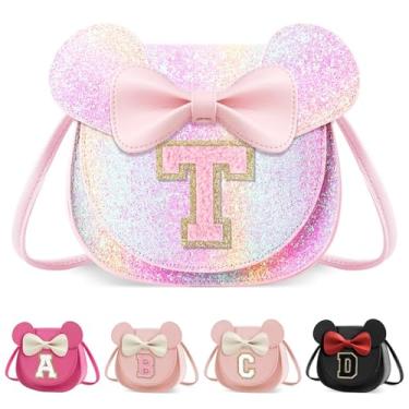 Imagem de XSUIOY Bolsa infantil para meninas, presente de aniversário para crianças, bolsa infantil com inicial personalizada, lindo laço de orelha, presente de menina, Rosa brilhante grande, T, T
