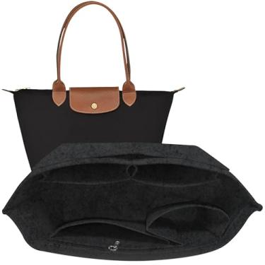 Imagem de TUKYWAN Organizador de bolsa, organizador de bolsa para bolsa Longchamp, inserção organizadora de bolsa com bolso divisor e zíper interno para bolsa de mão (cinza escuro, pequeno)