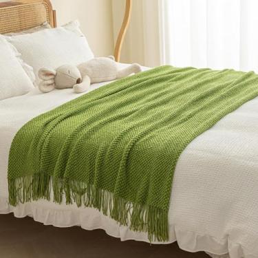Imagem de Cachecol de corredor de cama de hotel cor sólida macio sem desbotamento toalha de cama com borla protetor de cama respirável cobertor de malha colcha de quarto decoração - verde||127 * 170 cm (cama de