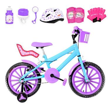 Imagem de Bicicleta Aro 16 Nylon + Kit Premium Azul Claro E Lilás