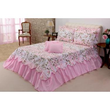 Imagem de Kit Cobre Leito Colcha Queen 5 Peças, Floral com Babado, Acompanha Porta Travesseiros e Capas de Almofada (Rosa Lírio, Casal Queen)