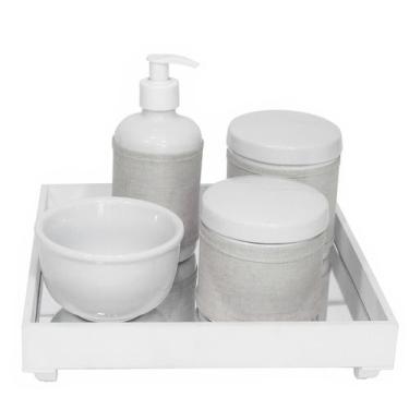 Imagem de Kit Higiene Bandeja Potes Porcelanas Molhadeira Branco Bebê - Potinho 