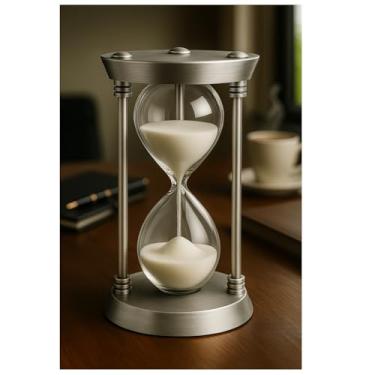 Imagem de Ampulheta Decorativa de Vidro com Suporte Metálico Prateado 15 Minuto Base e Colunas em Alumínio Escovado Decoração para Escritório