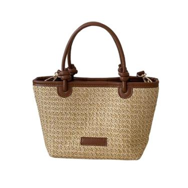 Imagem de SHAREYOIU Bolsa de tecido vintage feita à mão Wheatgrass à beira-mar com alça de madeira, Marrom