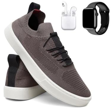 Imagem de Tênis Masculino Knit Casual Básico Calce Fácil Confortável + Fone + Relógio - Marrom/41