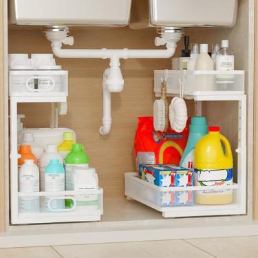 Imagem de JATBFCC Organizador embaixo da pia, pacote com 2, organizador deslizante de 2 camadas com gaveta deslizante de metal e ganchos, cestos de armazenamento para cozinha, banheiro, despensa, armário