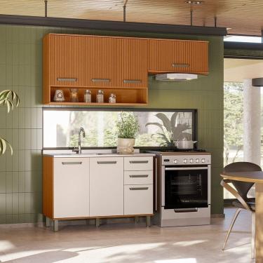 Imagem de Cozinha Modulada Completa 3 Peças 7 Portas 2 Gavetas com Balcão Pia Criare Freijó Ripado/Off White Acetinado