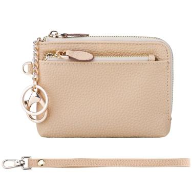 Imagem de Carteira de couro real para moedas com bloqueio de RFID, porta-cartões de crédito, com alça de pulso para homens e mulheres, Bege, Vintage