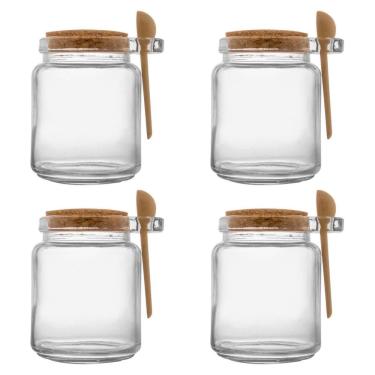 Imagem de Kit 4 Porta Tempero Vidro Colher Bambu Tampa De Rolha 240Ml