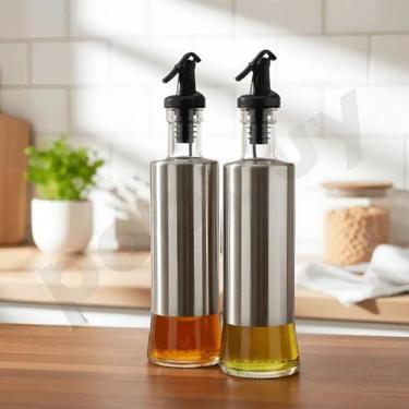 Imagem de Kit 2 Porta Azeite Vinagre óleo Galheteiro 300 ML Vidro e Aço Escovado