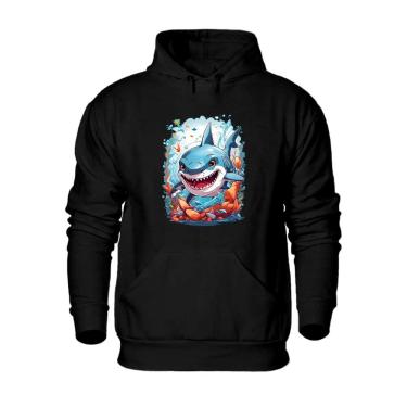 Imagem de Blusa de Moletom Com Capuz Bolso Canguru Flanelada Quente Inverno Estampa Tubarão
